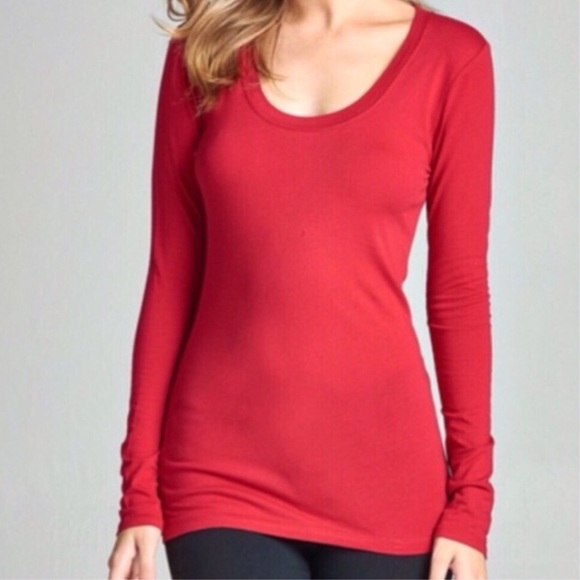 Tops - Red Scoop Neck Long Sleeve Tee Tops - Red Scoop Neck Long Sleeve Tee